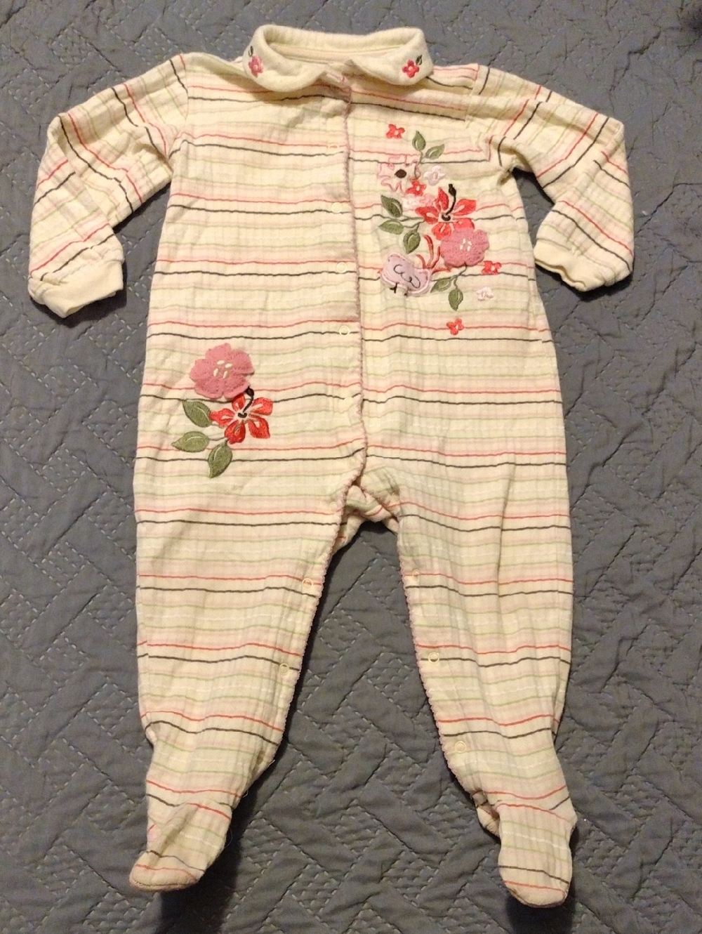 Cream Footed One-Piece with Pink Floral Embroidery